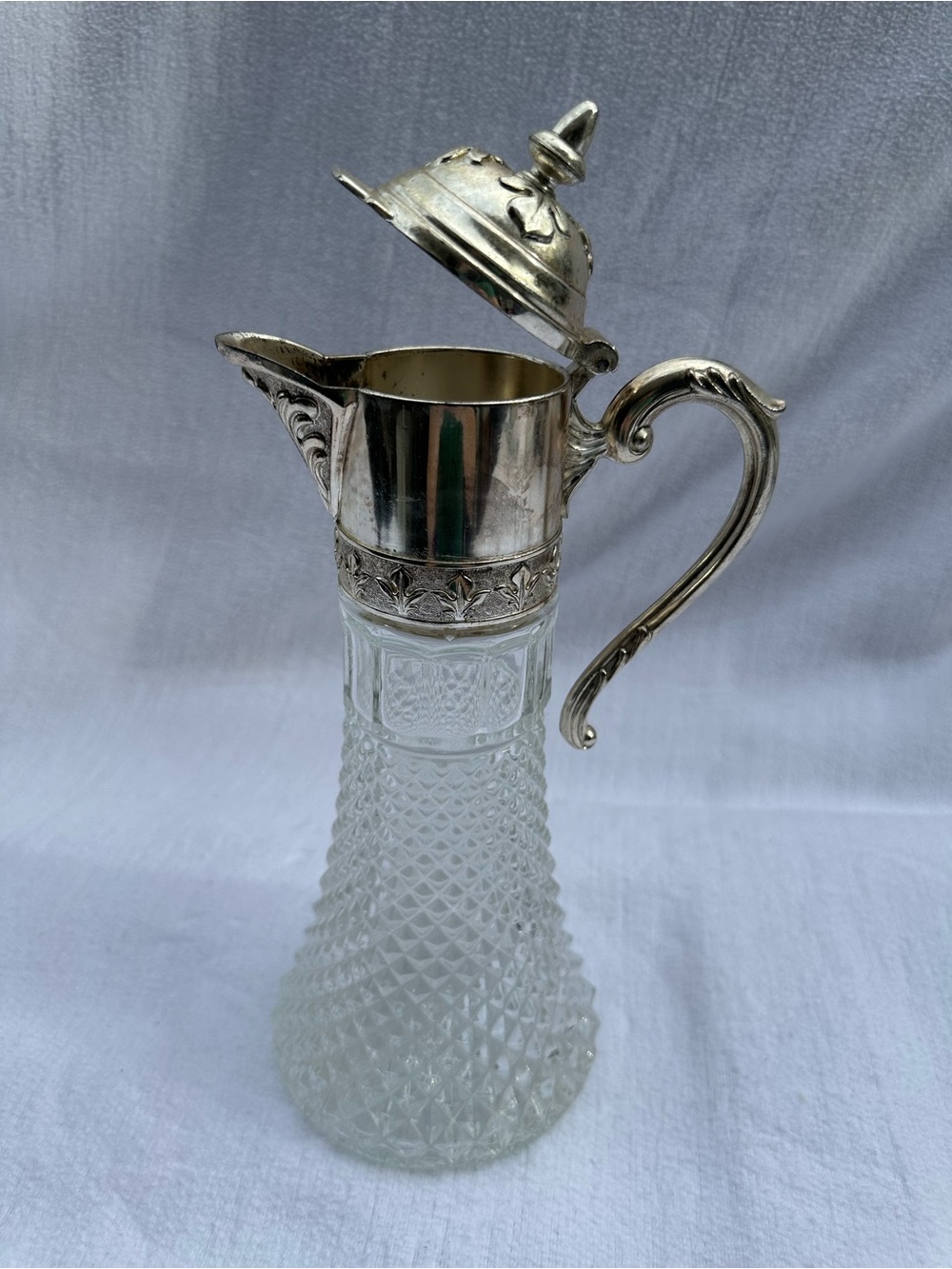 Vintage Cut Glass Claret Pitcher with Silver-Tone Lid and Handle